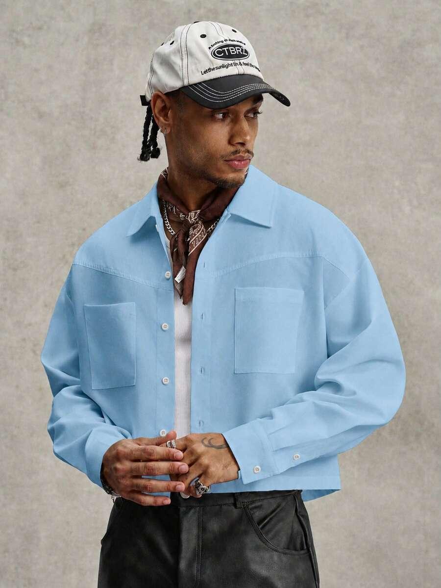 light blue boxy fit patchwork long sleeve shirt