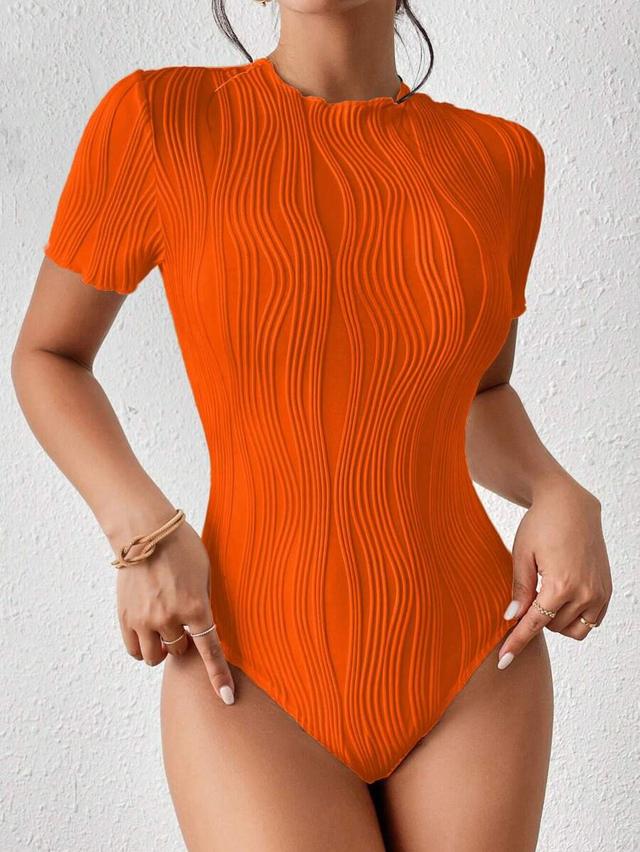 orange red textured round neck short sleeve bodysuit