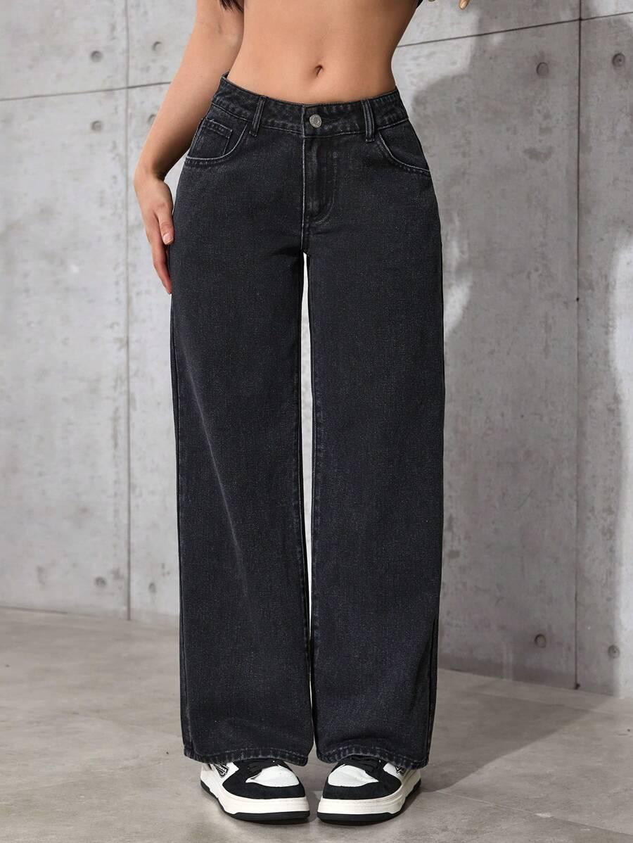 black washed denim wide leg jeans
