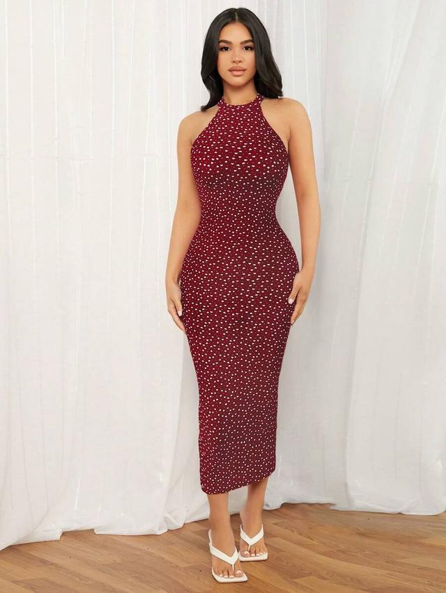 burgundy heart print halter neck bodycon midi dress
