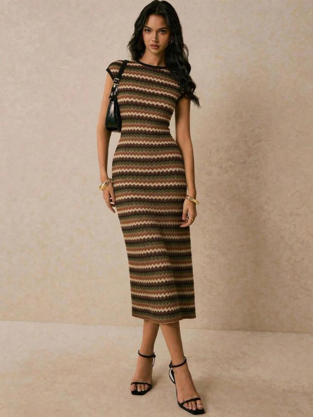 poéselle vintage brown stripe knit midi dress