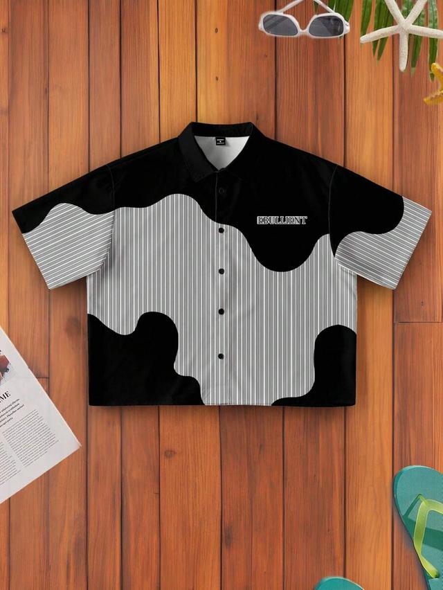 patchwork striped and letter print short sleeve shirt