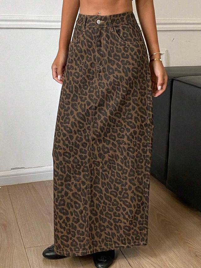 high waist leopard print denim straight cut long skirt