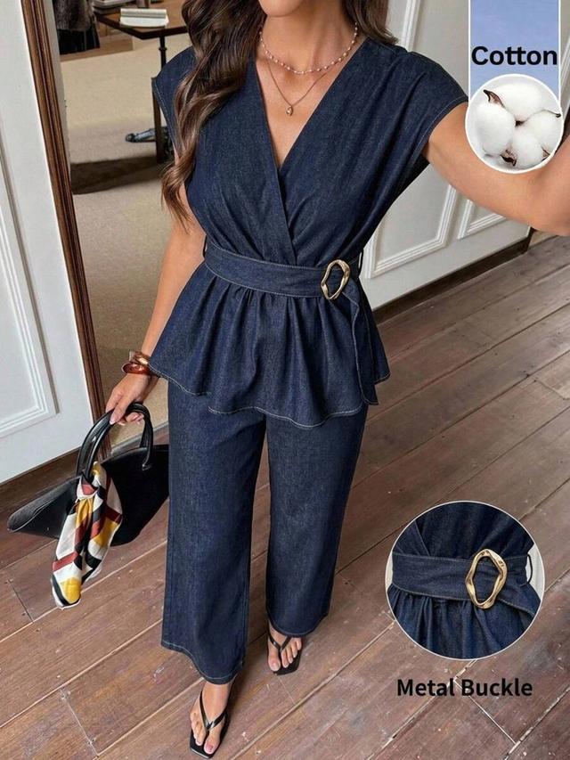 dark denim wrap peplum top and matching wide-leg trousers