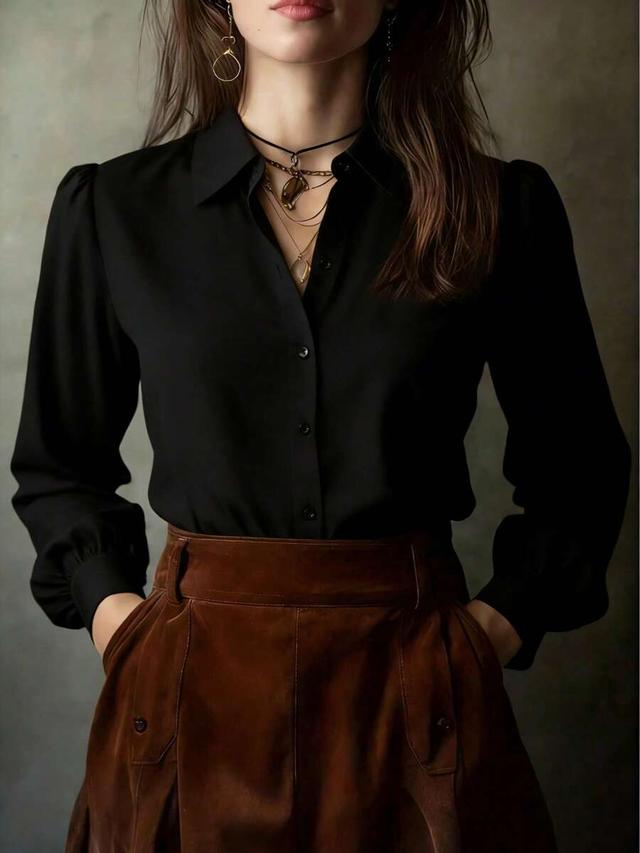 elegant solid black long sleeve button-up blouse