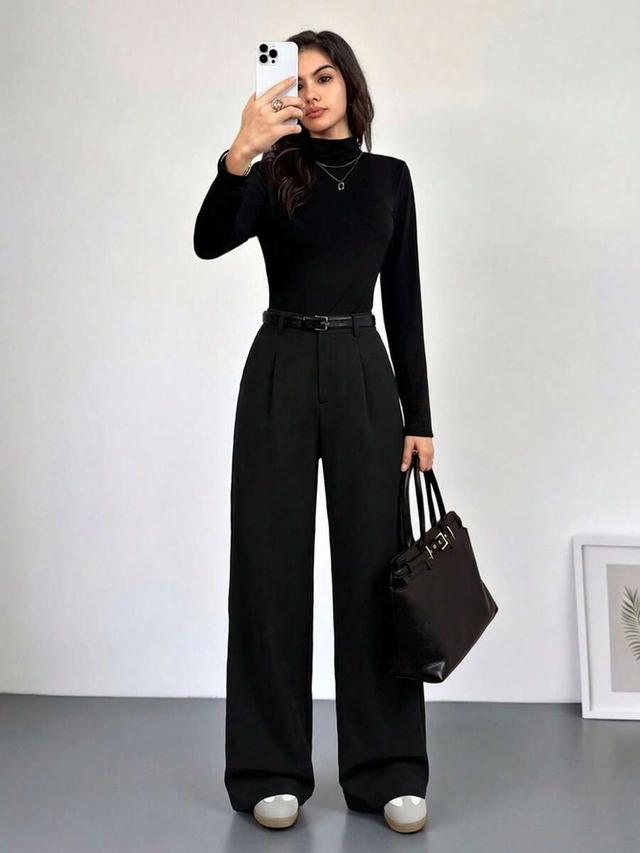 black high waisted wide leg office trousers