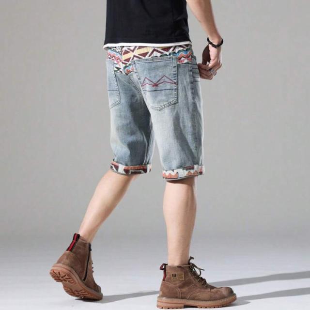 light blue denim shorts with patterned waistband and cuffs