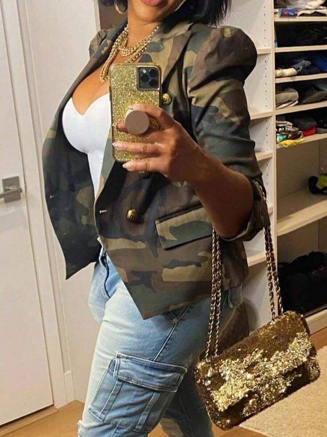 women's camouflage print blazer jacket with button details