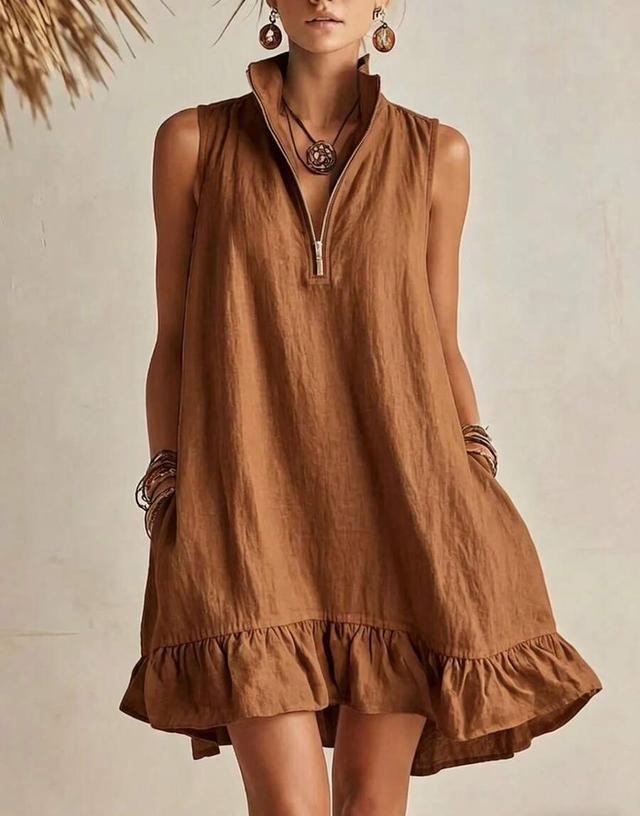 brown linen-blend sleeveless mini dress with half-zip ruffle hem