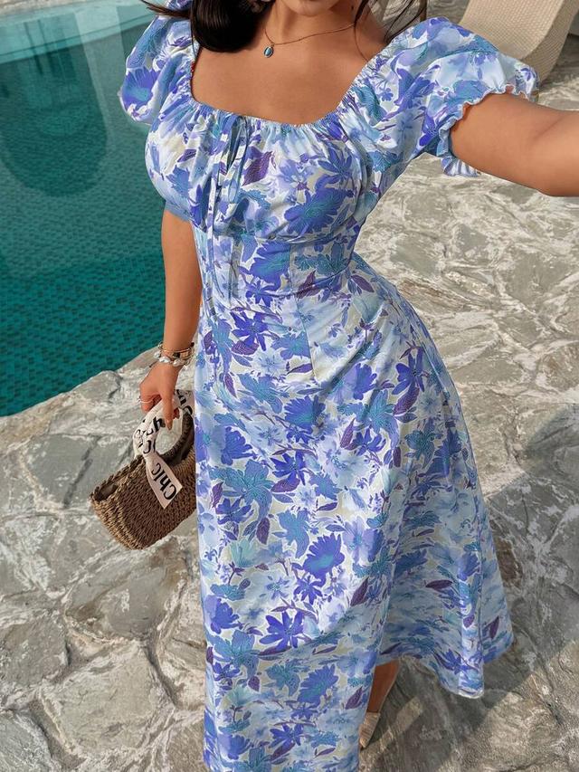 floral print square neck puff sleeve midi dress