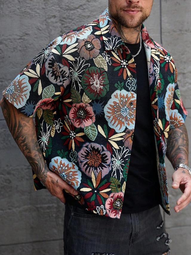 floral tapestry button-up short sleeve shirt