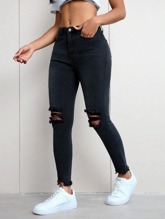 dark grey flexra simple solid front button ripped pockets denim pants