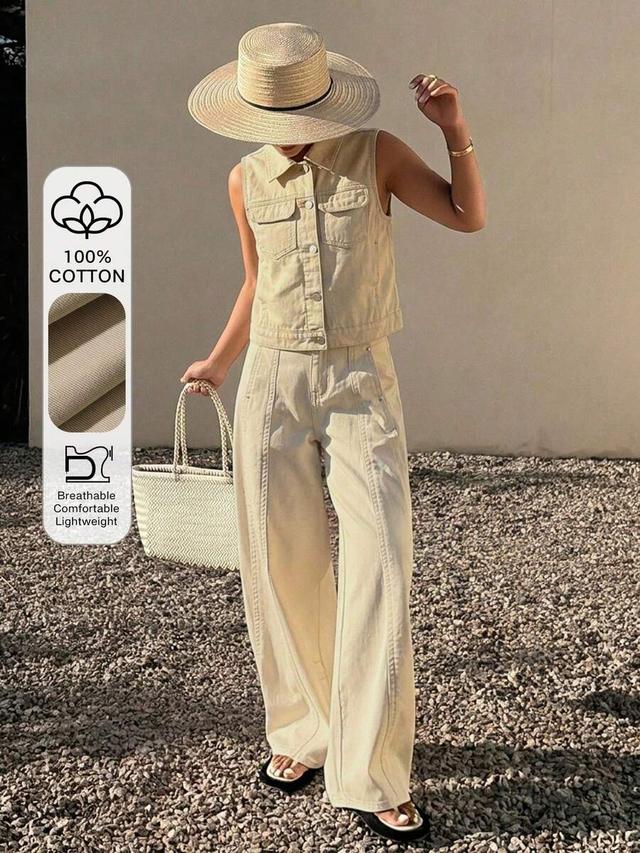 beige denim sleeveless vest and matching wide-leg trousers