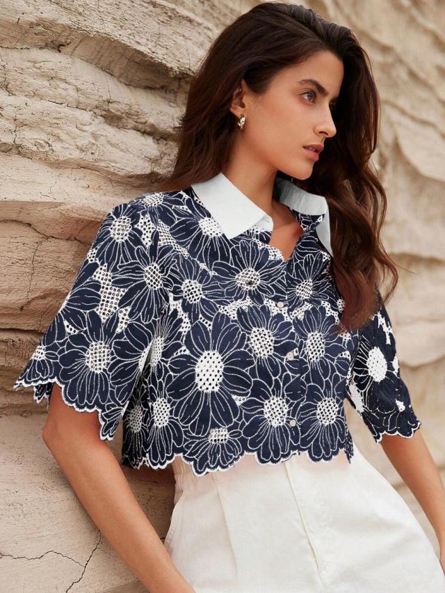 navy and white daisy embroidered eyelet vacation shirt