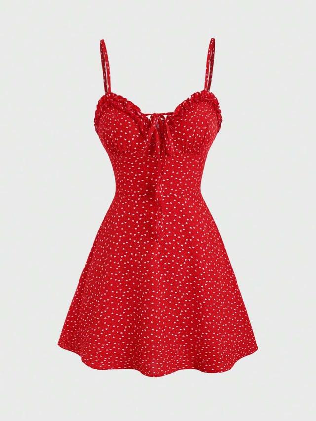 red polka dot ruffle hem spaghetti strap mini dress