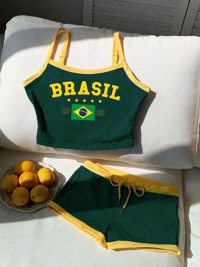 brazil flag print cropped camisole and shorts set