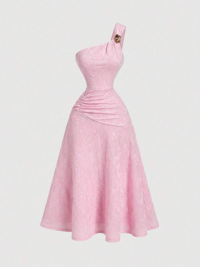 pink floral jacquard one-shoulder midi dress
