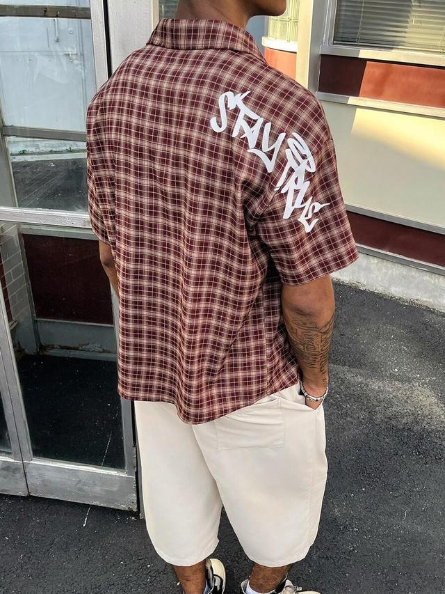 brown plaid short sleeve streetwear shirt