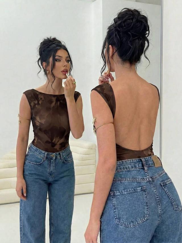 brown camouflage print backless bodysuit