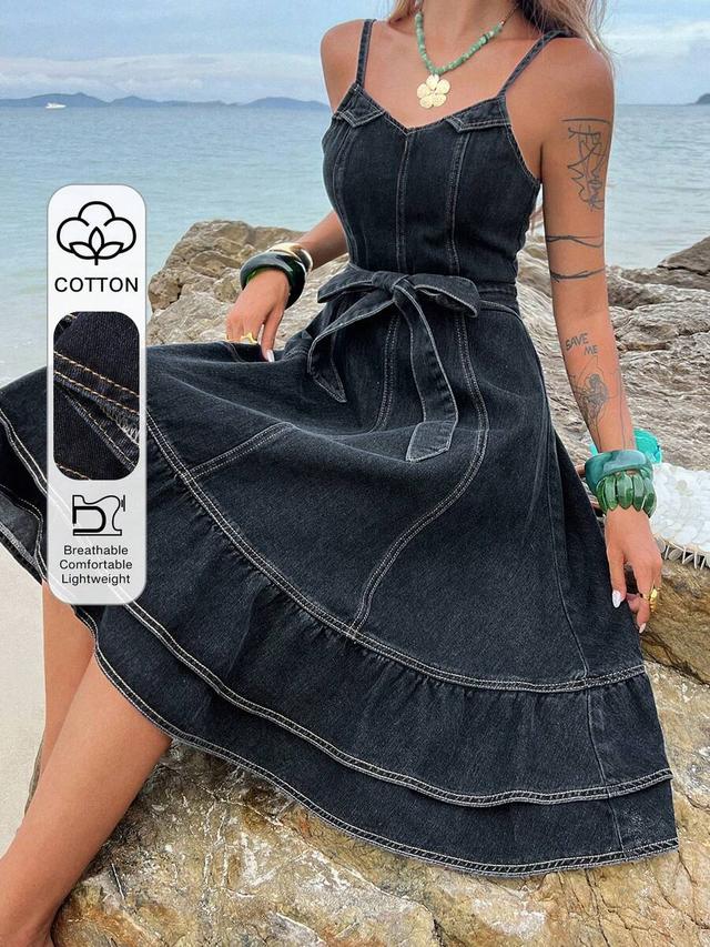 dark grey denim spaghetti strap midi dress