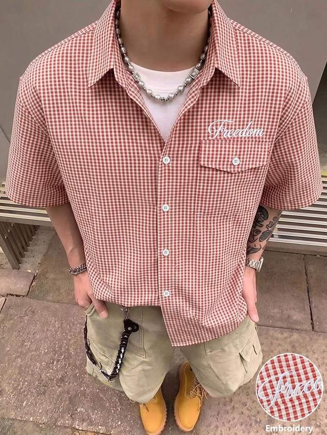 red checkered short sleeve shirt with letter embroidery