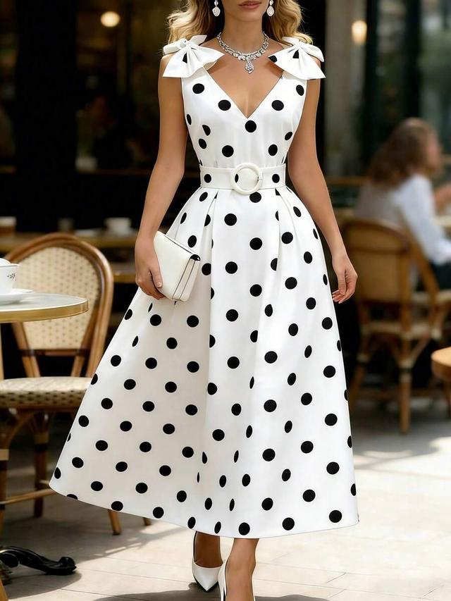 white polka dot bow decor elegant midi dress