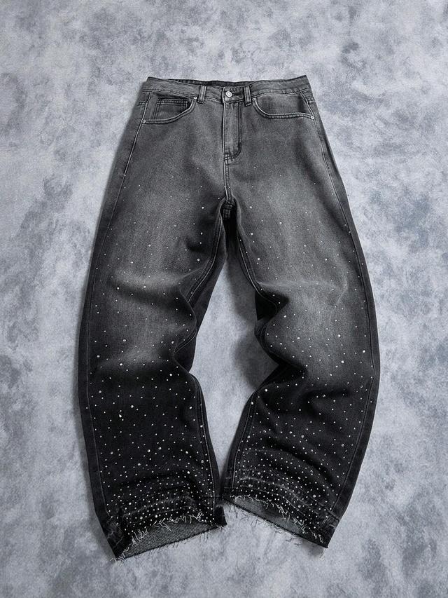 grey washed rhinestone embellished baggy wide leg jeans