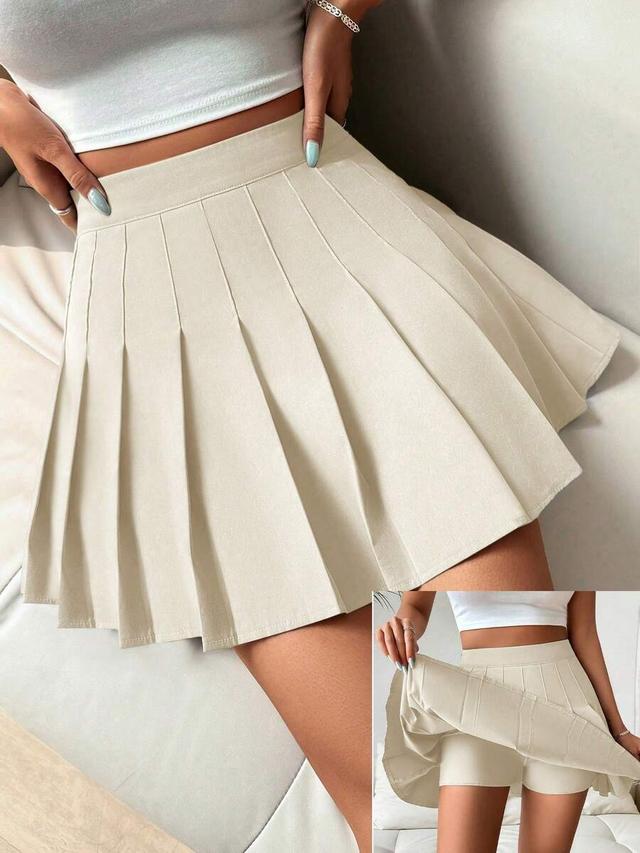 solid beige high waist pleated mini skort