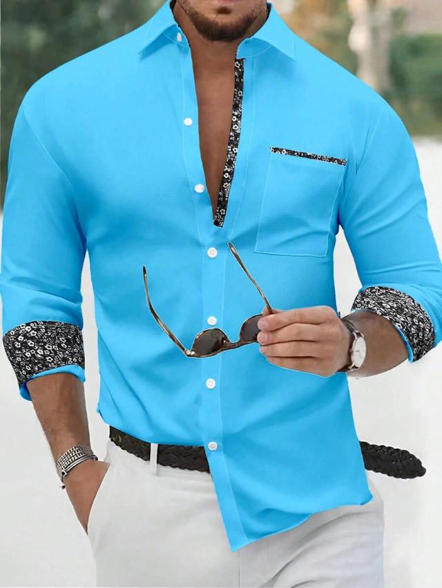 bright blue floral patchwork long sleeve formal shirt