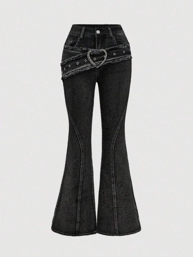 black y2k retro heart buckle frayed waist flared jeans