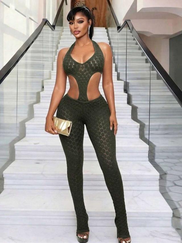 olive green cutout halter bodysuit and matching leggings