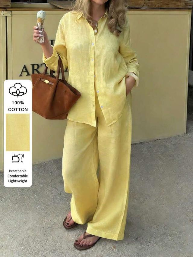 yellow pure cotton long sleeve collared shirt