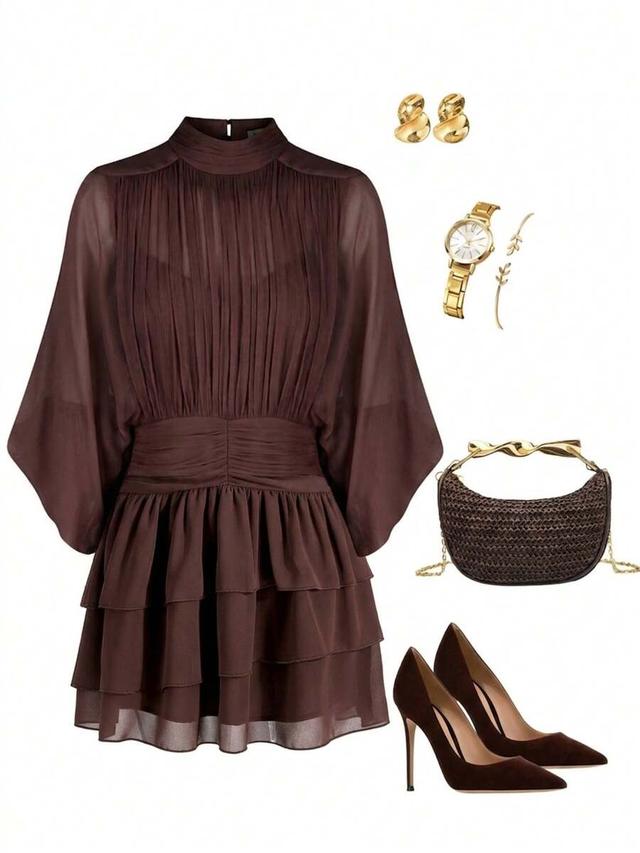 brown batwing sleeve ruffle hem romantic elegant dress