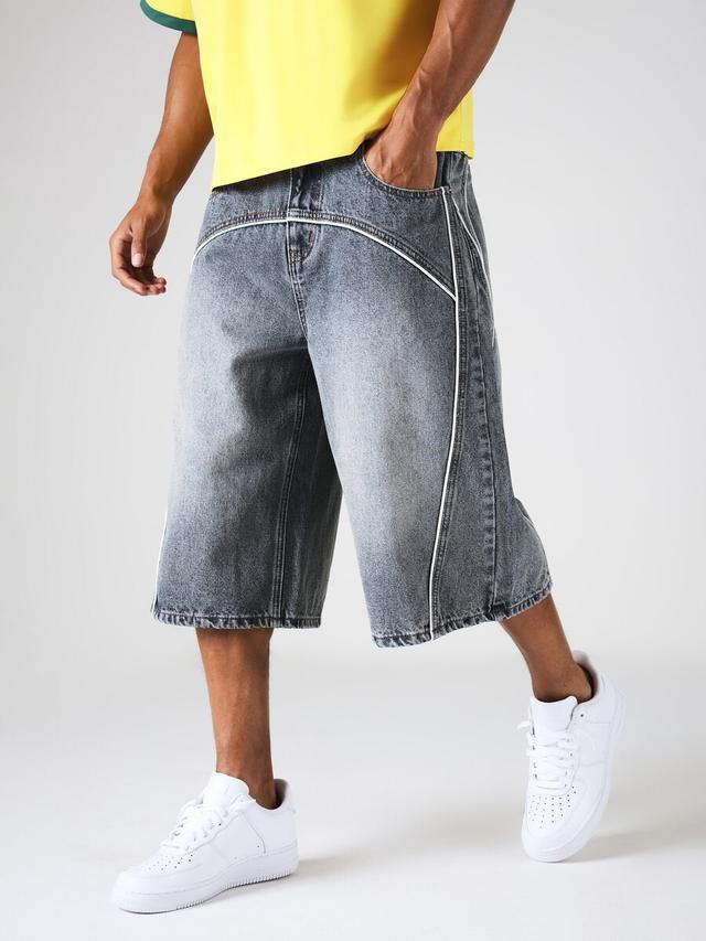 acid wash baggy wide leg denim jorts with piping