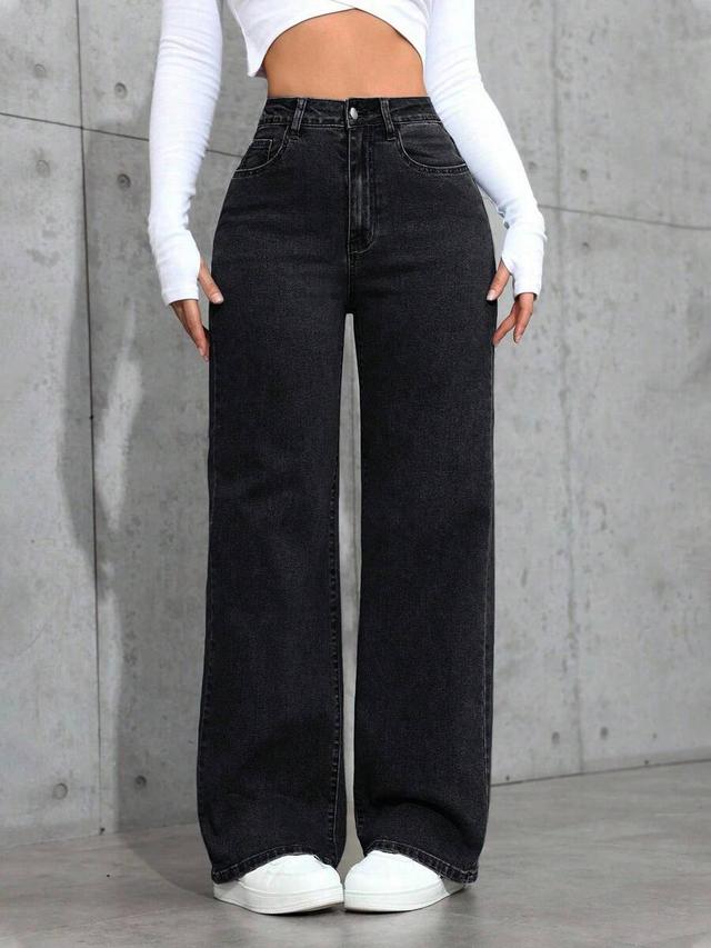 high waisted black denim wide leg jeans