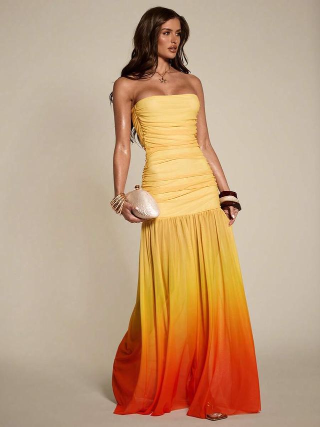 yellow ombre strapless ruched bodycon maxi party dress