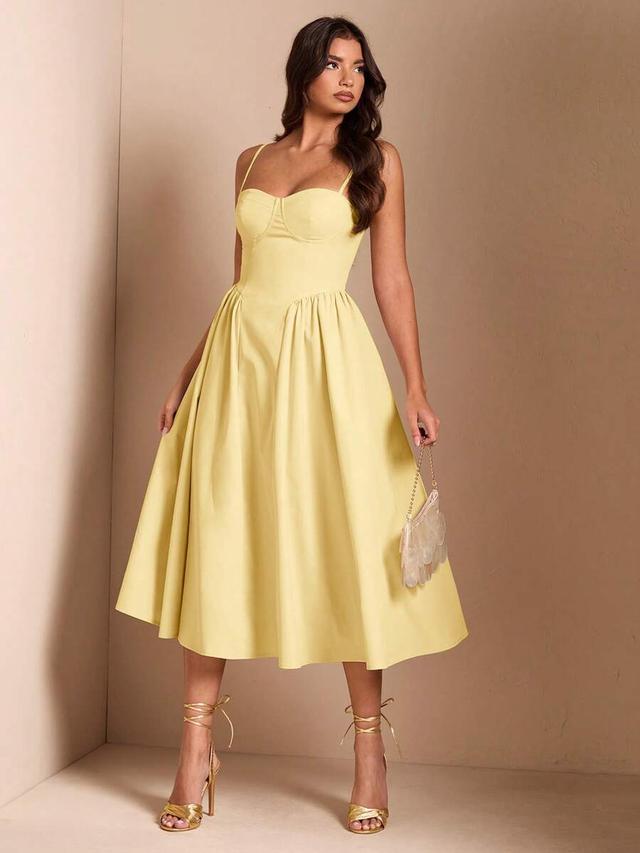 pale yellow corset bodice midi dress