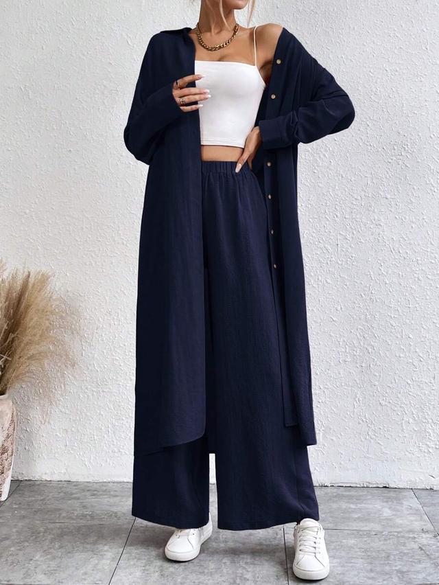 navy loose fit drop shoulder shirt and wide leg pants