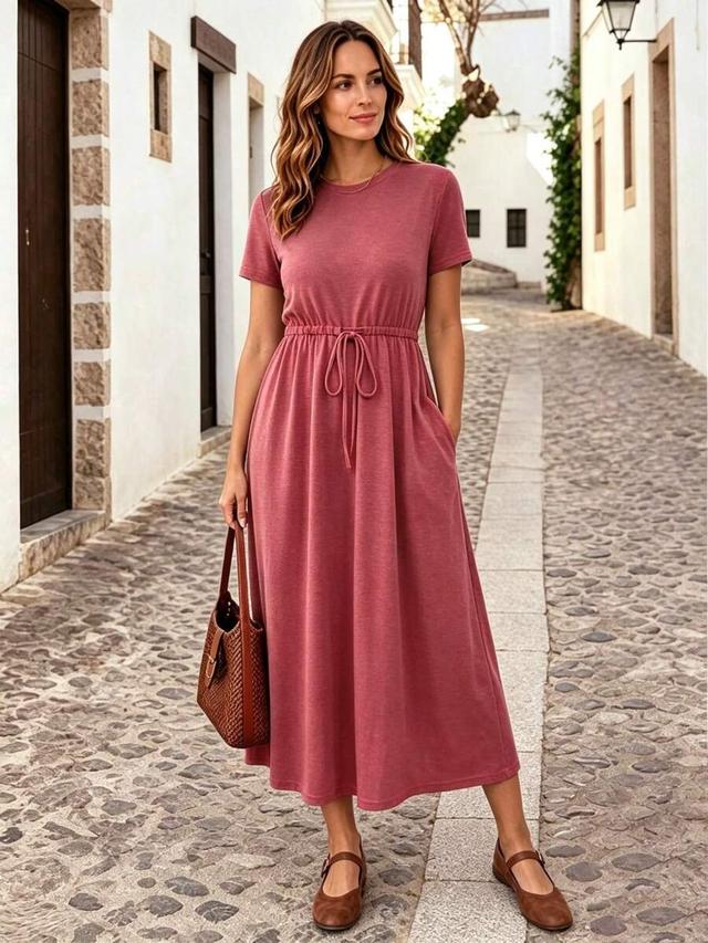 solid color drawstring waist short sleeve maxi dress