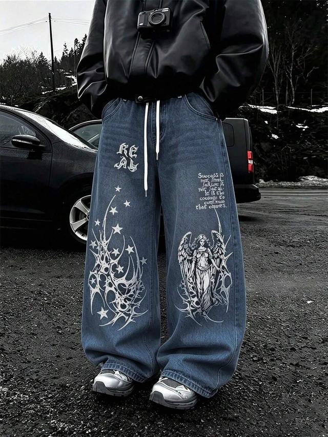 blue men gothic angel star graphic wide leg jeans