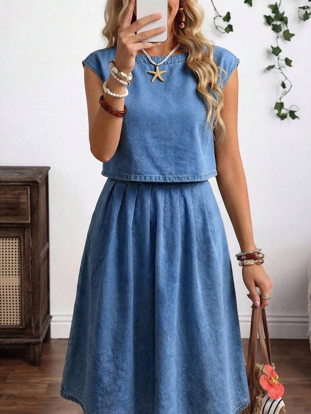 breezaya women's round neck cap sleeve denim set