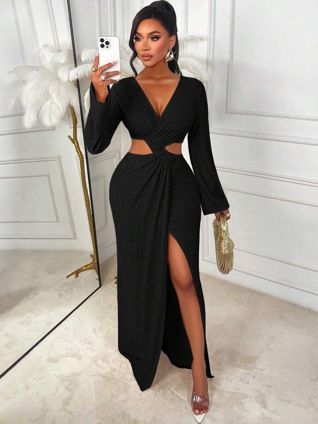 elegant solid black ribbed v-neck asymmetric high slit dress
