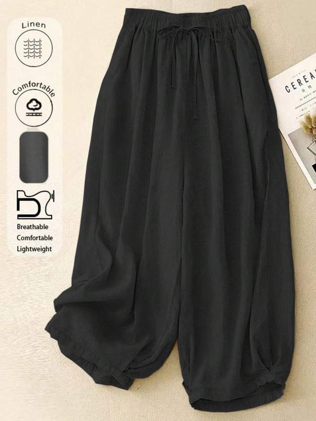 comfortable casual high waist elastic linen wide leg pants