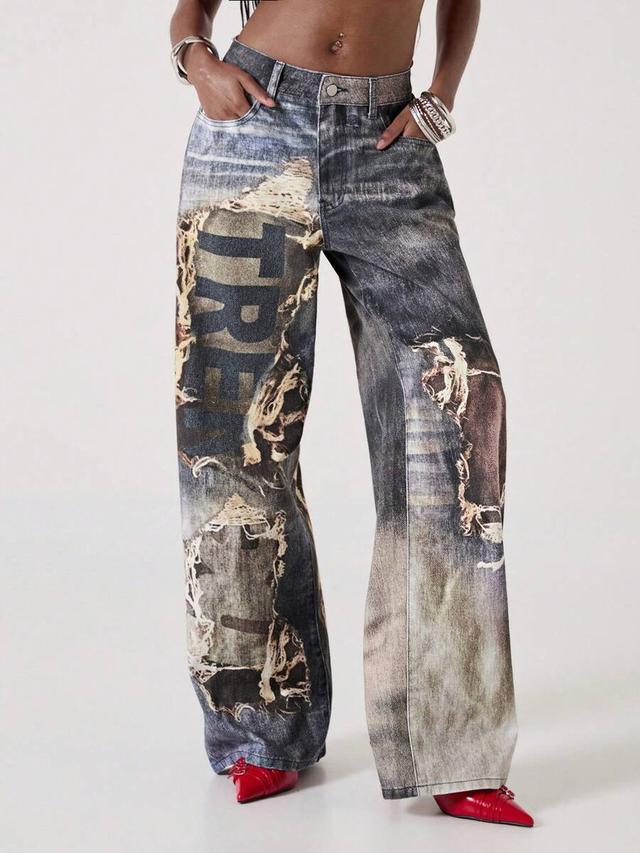 distressed graphic print low waist loose fit jeans