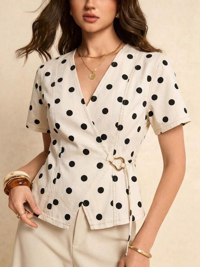 polka dot wrap blouse with side ring detail