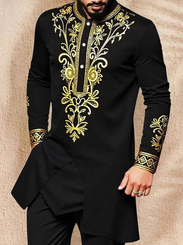 black and gold embroidered long sleeve robe shirt