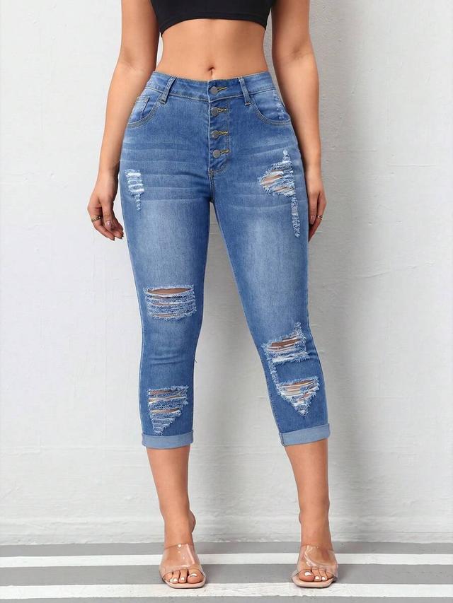 distressed aqua blue high waist skinny capri jeans