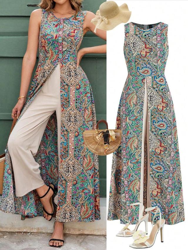 floral print sleeveless round neck front cut-out jumpsuit