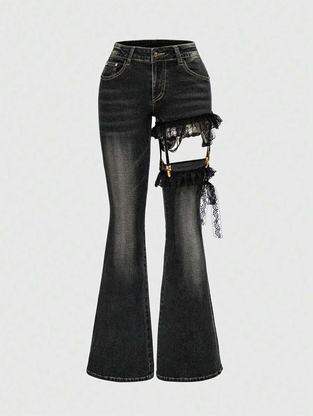 black denim lace patchwork low waisted flare jeans