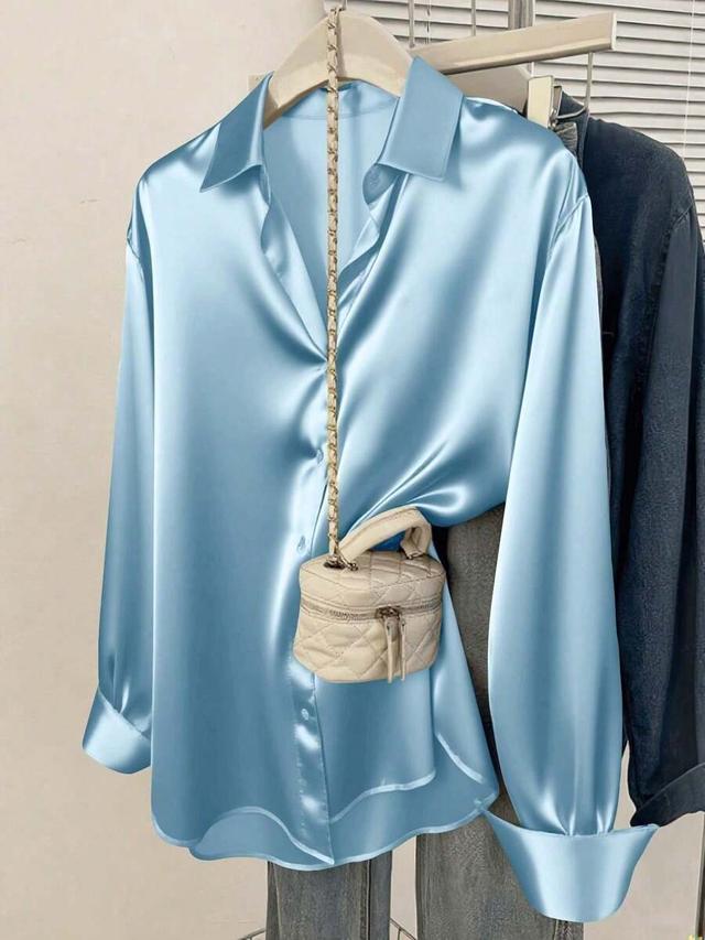 women's light blue satin button-down shirt